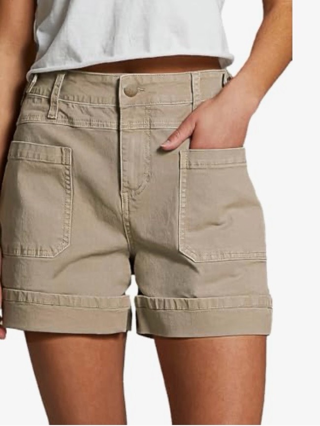 Flamingals Patch Pocket Roll Hem Mid Rise Khaki Shorts